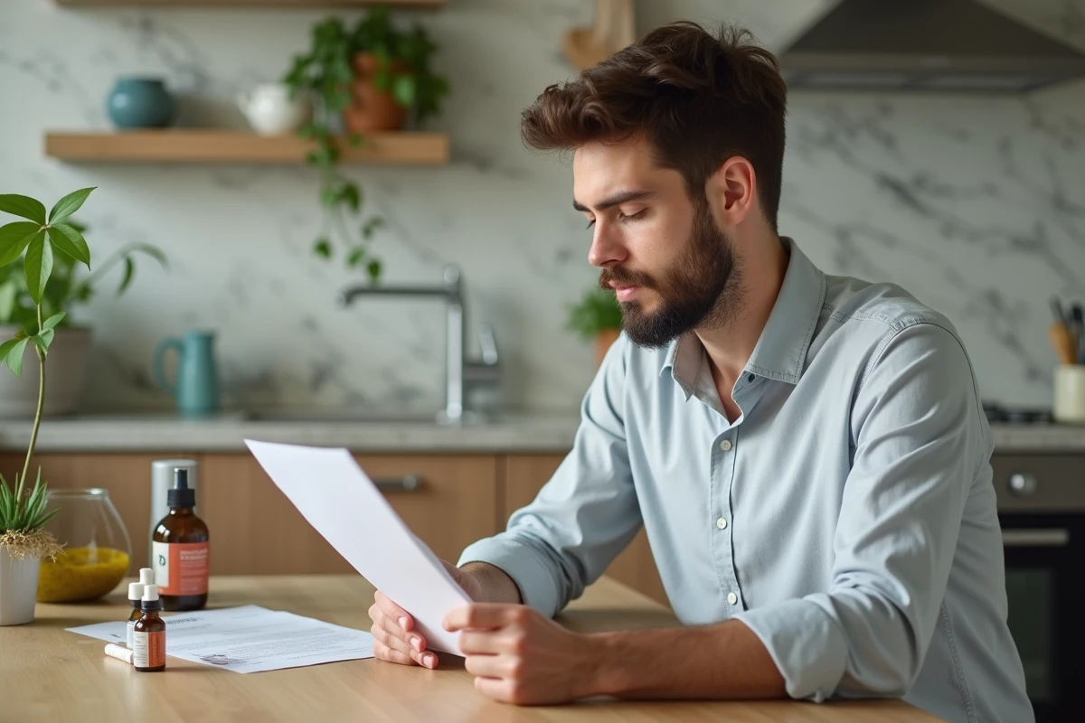 Jeune homme vérifiant des tubes de remedes homeopathiques dans la cuisine