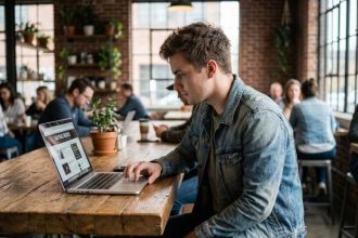 Jeune homme vapotant dans un café moderne