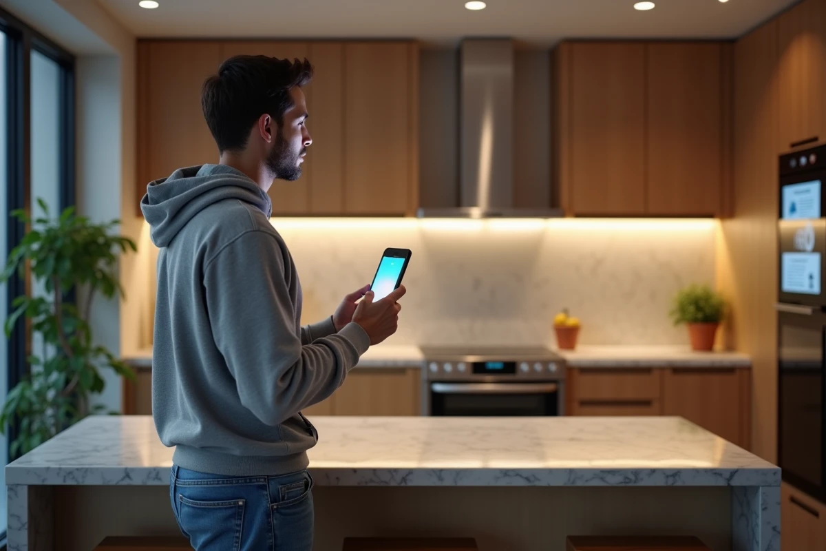 Jeune homme contrôlant la lumière intelligente dans une cuisine moderne