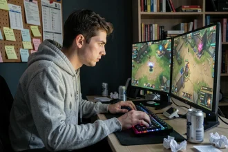 Jeune joueur concentré devant deux écrans affichant une partie de League of Legends dans une chambre de gamer encombrée