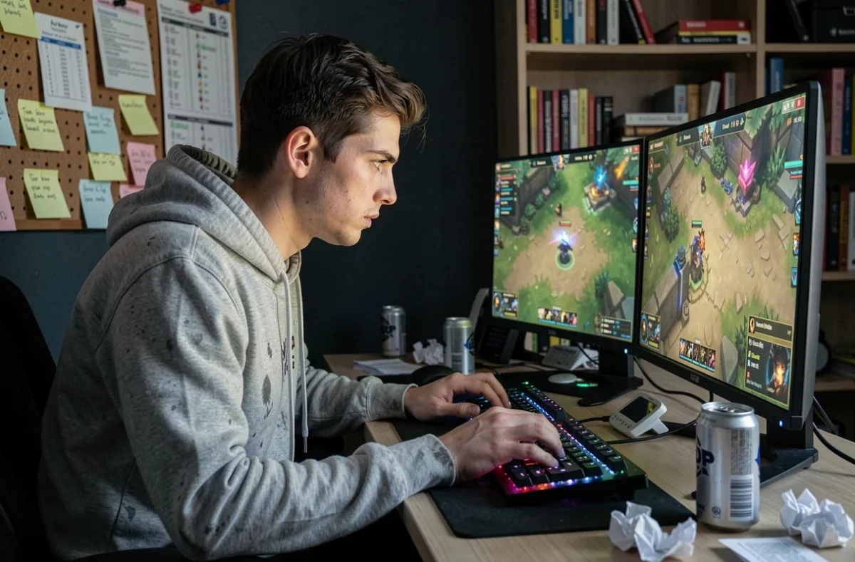 Jeune joueur concentré devant deux écrans affichant une partie de League of Legends dans une chambre de gamer encombrée