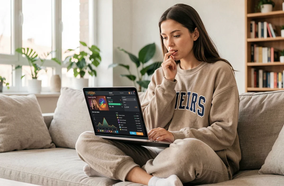 Jeune femme analysant ses statistiques de progression sur League of Legends depuis un canapé avec un ordinateur portable