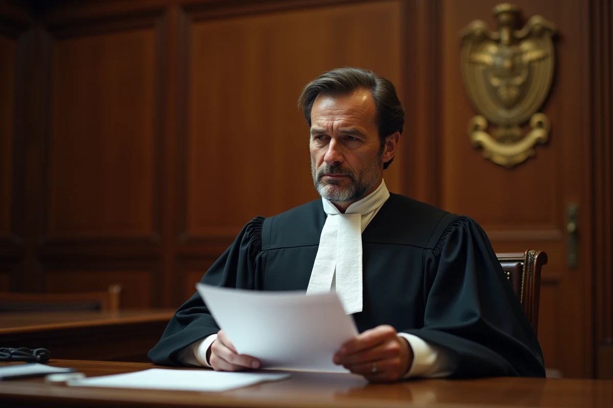 Juge français en robe officielle dans une salle d'audience illustrant l'application de la loi contre le voyeurisme en France