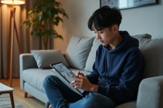 Jeune homme lisant le manga Blue Lock en VF sur une tablette dans un appartement moderne