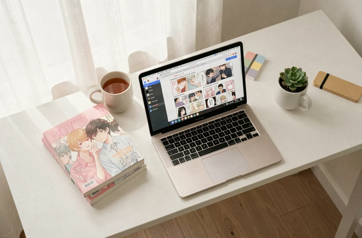 Bureau minimaliste avec ordinateur portable affichant un site de lecture manga BL, tasses de thé et volumes de manga empilés