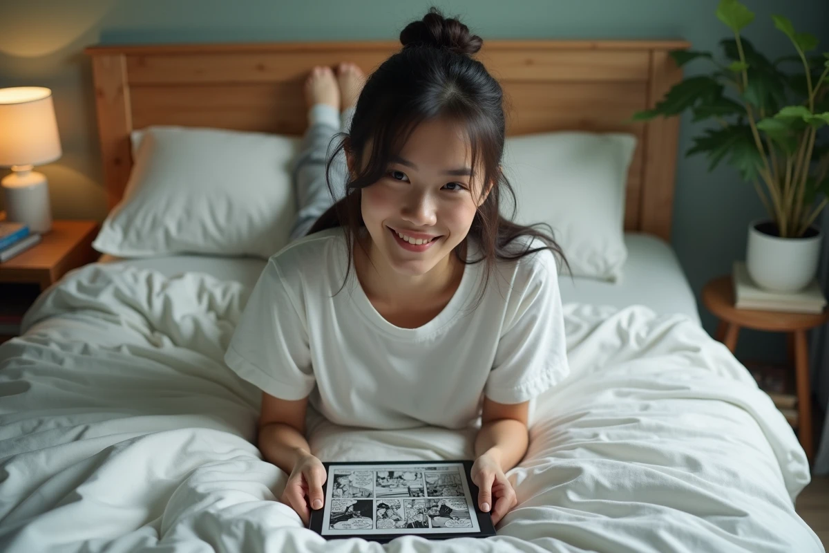 Jeune femme allongée sur son lit lisant des scans Blue Lock VF sur tablette
