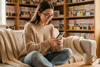 Jeune femme lisant un nouveau chapitre de manga Just Friends sur son smartphone dans un salon chaleureux avec des étagères de mangas en arrière-plan