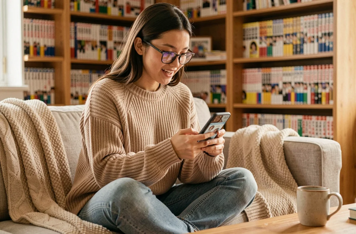 Jeune femme lisant un nouveau chapitre de manga Just Friends sur son smartphone dans un salon chaleureux avec des étagères de mangas en arrière-plan