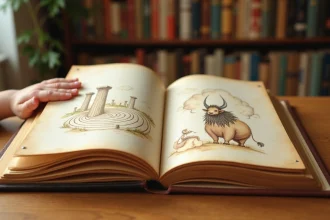 Livre illustré ouvert sur le mythe du labyrinthe et du Minotaure, avec des dessins aquarellés de colonnes grecques et d'un labyrinthe en spirale