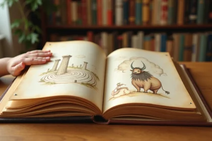 Livre illustré ouvert sur le mythe du labyrinthe et du Minotaure, avec des dessins aquarellés de colonnes grecques et d'un labyrinthe en spirale