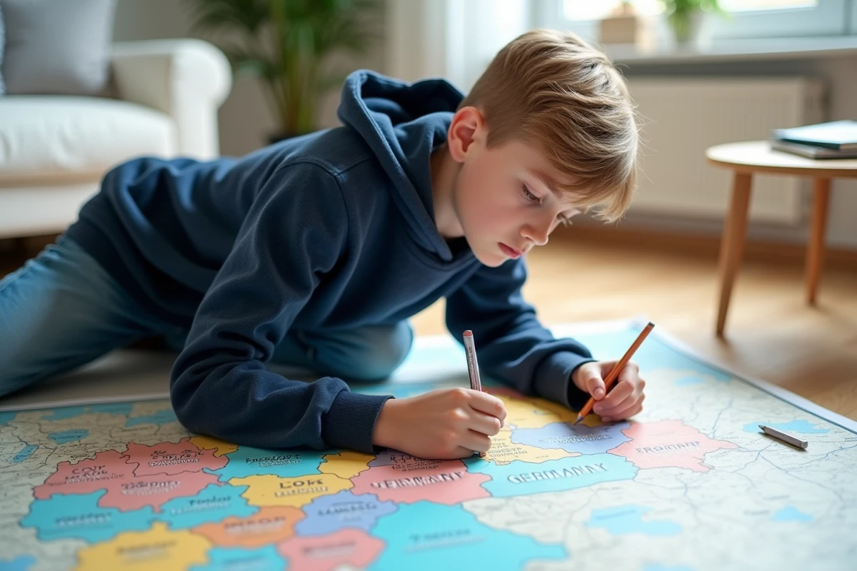 Lycéen annotant une grande carte des Länder allemands à plat sur le parquet pendant ses révisions du bac