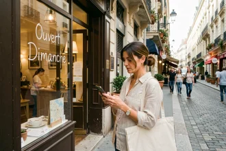 Femme consultant son smartphone devant un magasin ouvert le dimanche à Montpellier