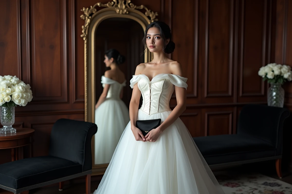 Mariée en robe blanche devant un miroir ancien dans un salon de préparation au décor noir et blanc