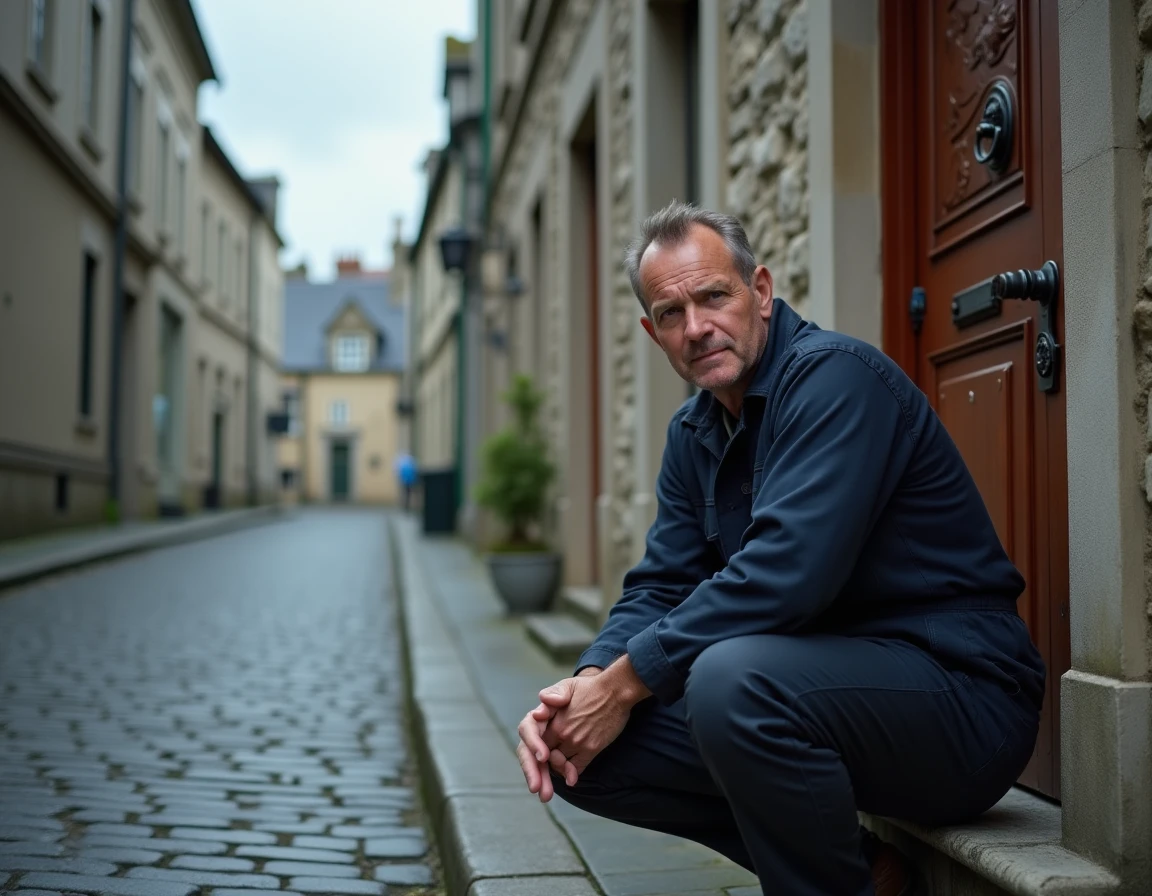 Serrurier professionnel en intervention devant une porte en bois dans une rue pavée bretonne, classement des meilleurs serruriers en Ille-et-Vilaine