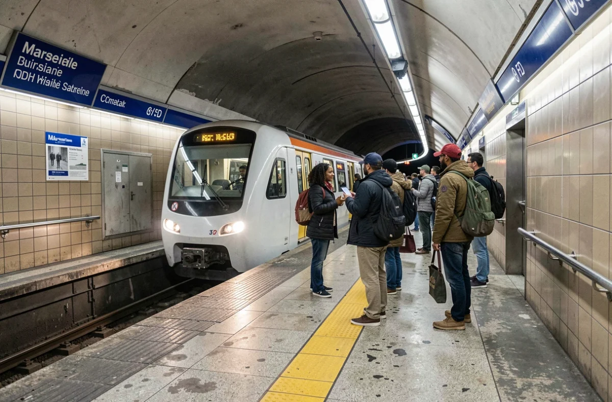 Quai de métro à Marseille avec voyageurs et rame en approche, signalétique des lignes de transport en commun