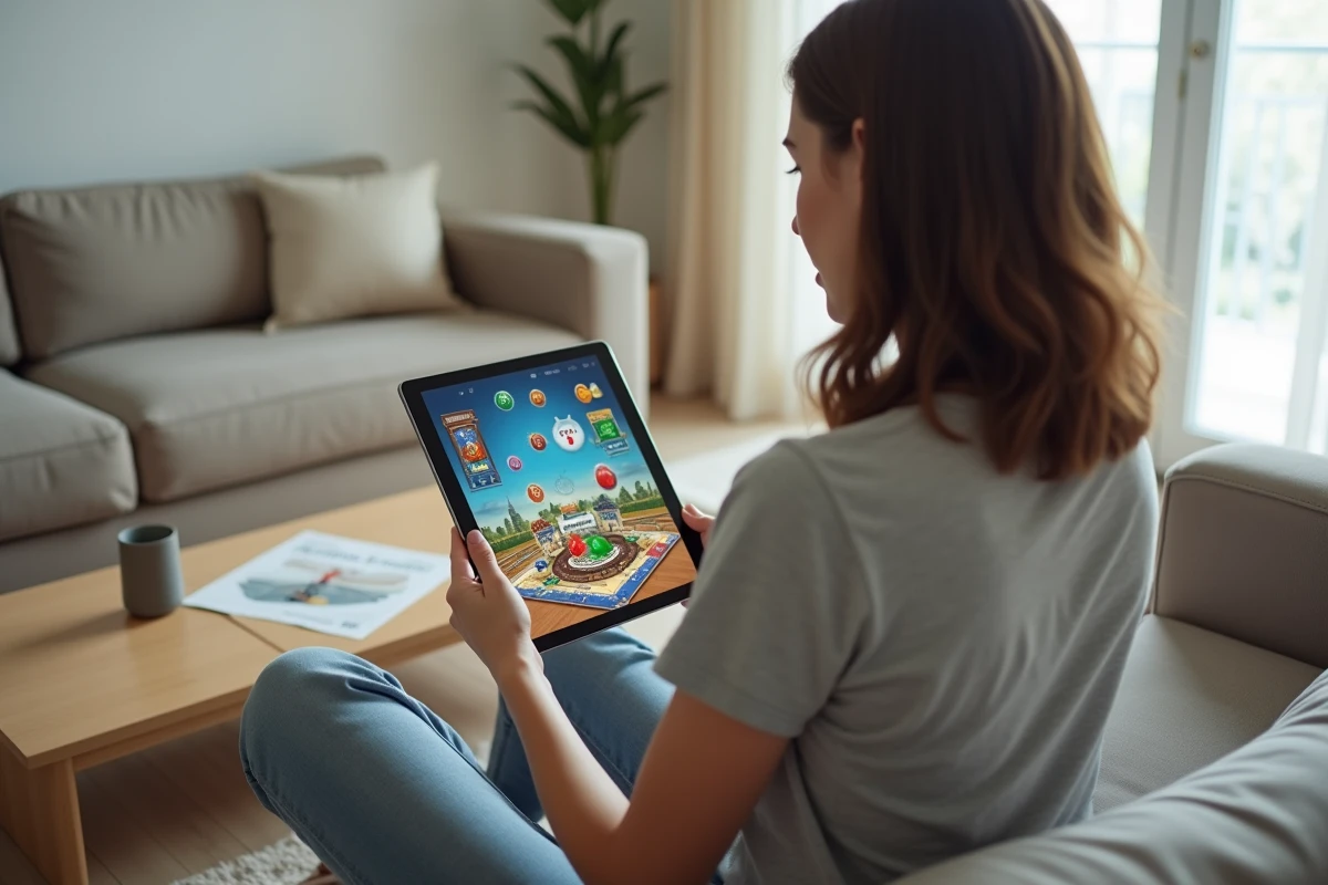 Femme utilisant une tablette pour accéder à des liens magnat sur Monopoly GO, méthode Android et iOS