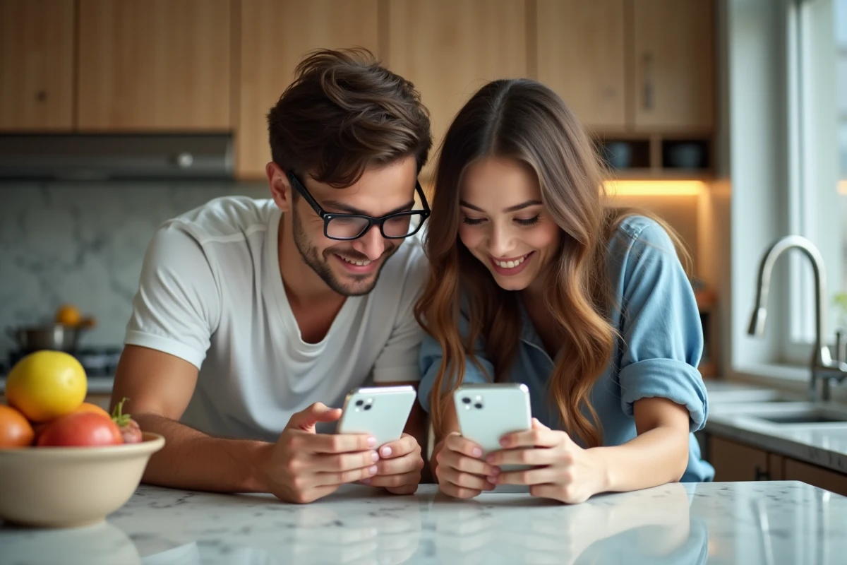Deux amis comparant des liens magnat Monopoly GO sur leurs smartphones Android et iOS