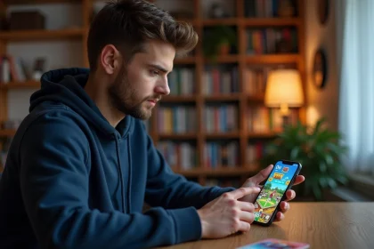 Jeune homme jouant à Monopoly GO sur smartphone, illustrant la méthode pour obtenir des liens magnat en 2026