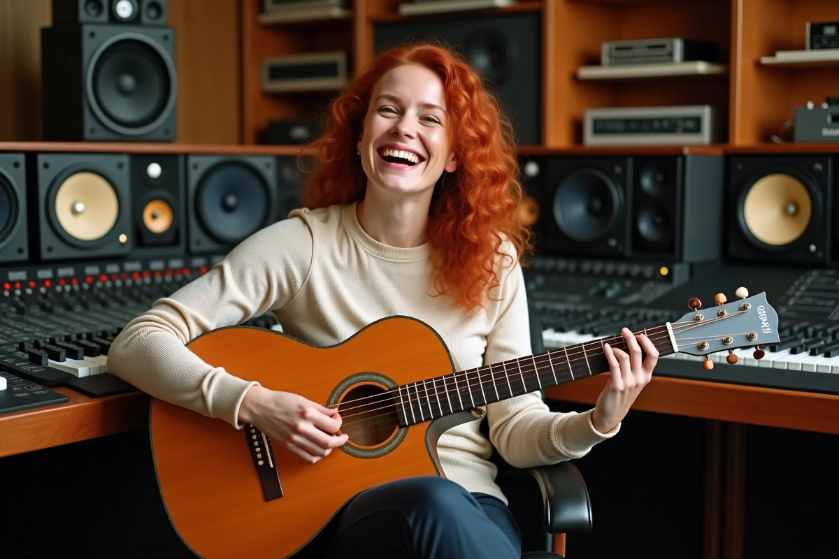 Musicienne rousse aux boucles naturelles dans un studio d'enregistrement, riant de façon spontanée avec une guitare acoustique
