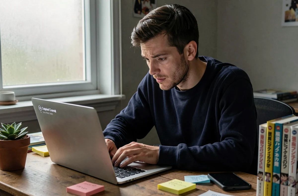 Homme recevant une notification de nouveau chapitre VF du manga Just Friends sur son ordinateur portable dans un bureau à domicile