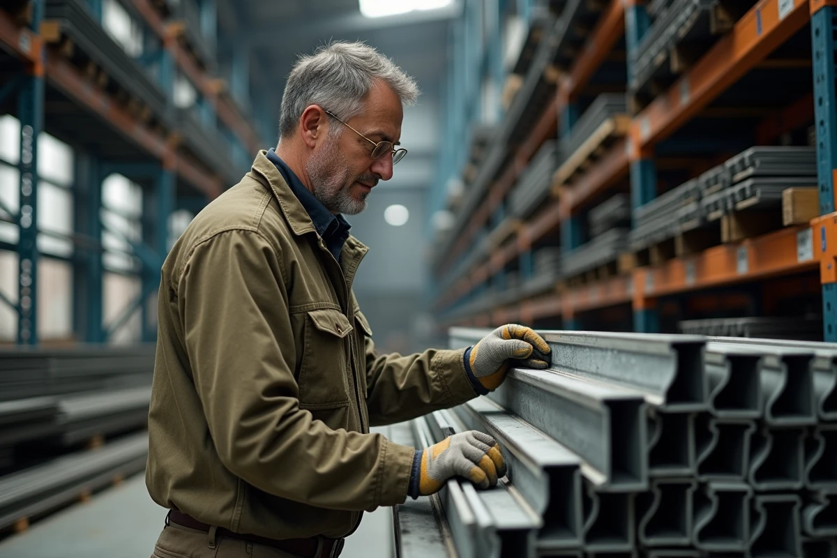 Ouvrier du bâtiment examinant des cornières en acier en L dans un entrepôt industriel