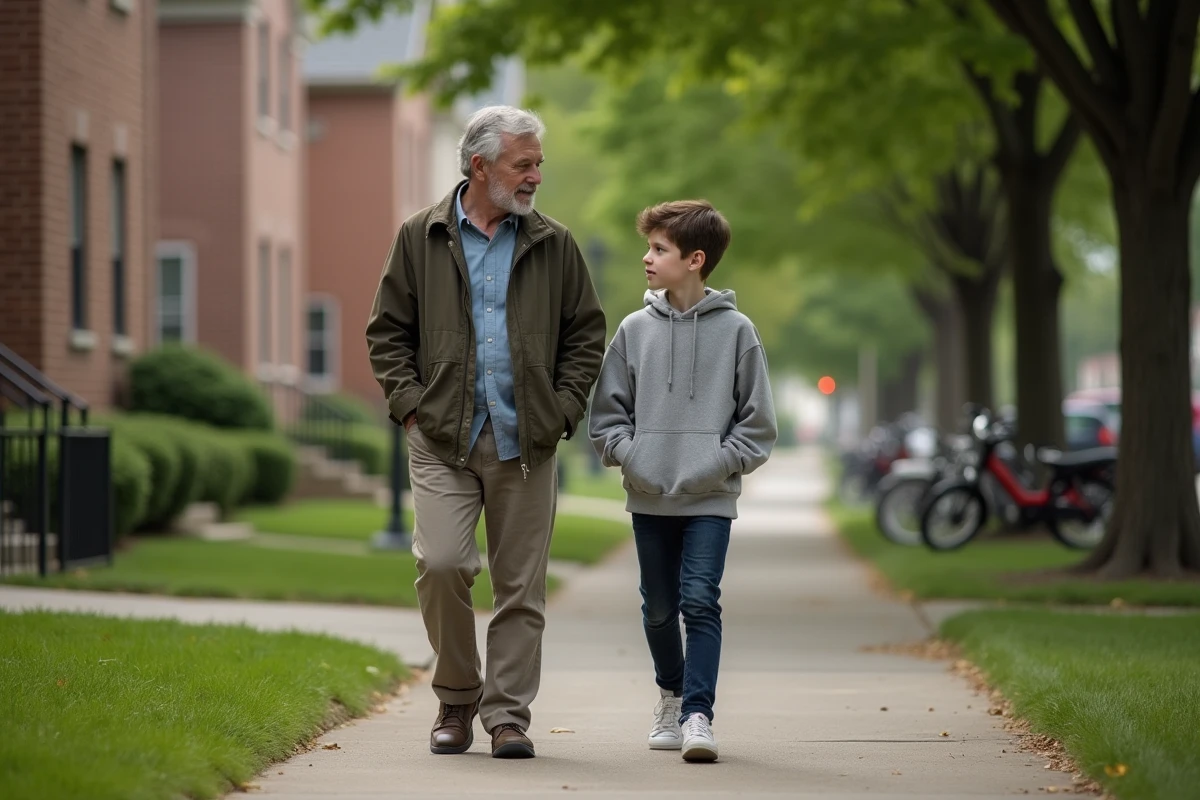 Père et fils marchant dans une rue résidentielle