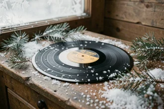 Disque vinyle de chanson française posé sur du bois vieilli entouré de neige artificielle fondante, évoquant la fragilité des paysages hivernaux et l'écologie avant l'heure