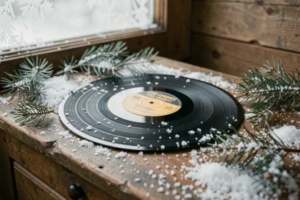 Disque vinyle de chanson française posé sur du bois vieilli entouré de neige artificielle fondante, évoquant la fragilité des paysages hivernaux et l'écologie avant l'heure