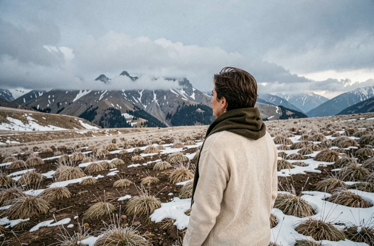 Femme contemplant un paysage alpin enneigé avec des zones de terre apparente, illustrant la fragilité des écosystèmes hivernaux et le message écologique de la chanson Paradis Blanc