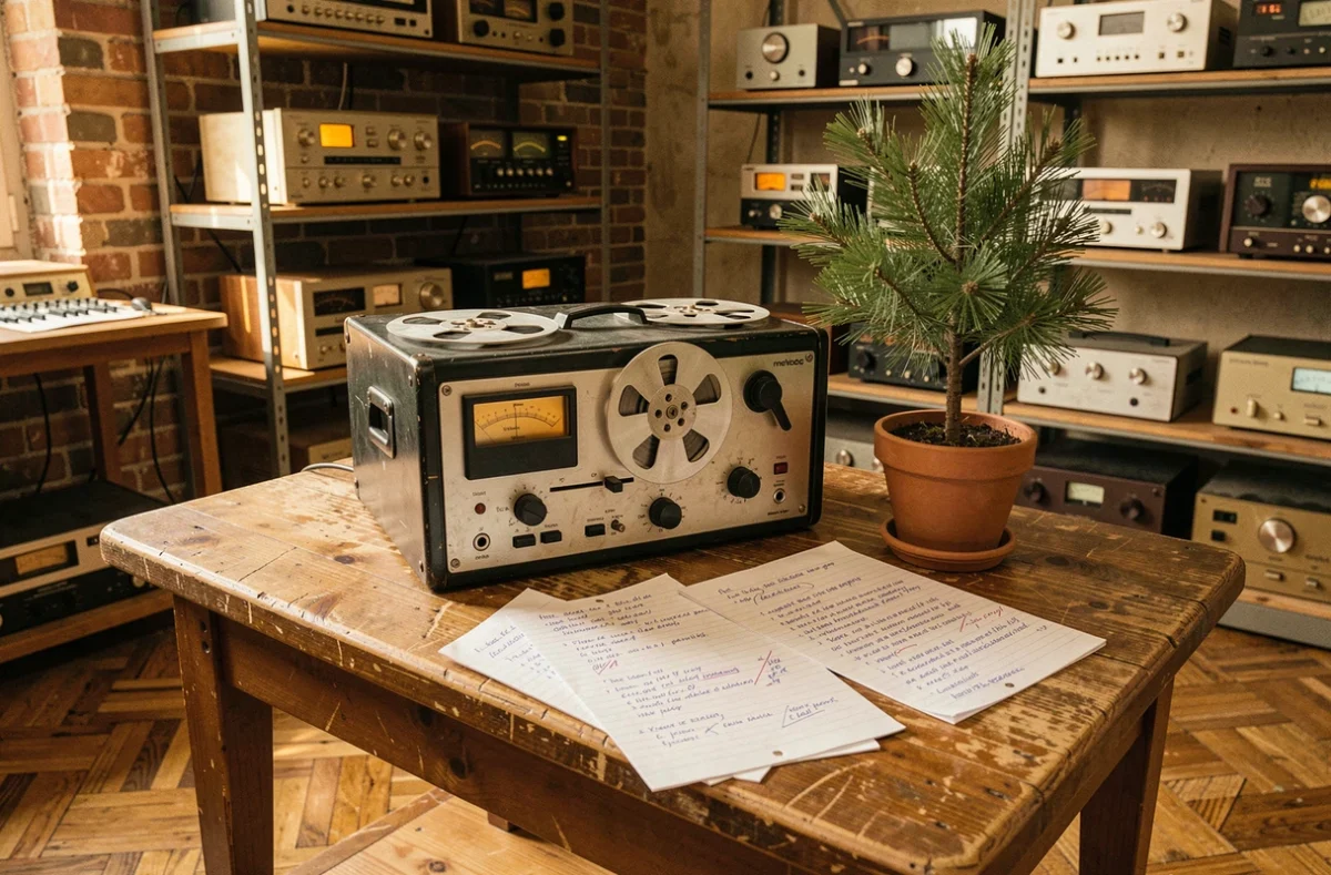 Magnétophone à bobines vintage entouré de partitions manuscrites et d'un jeune plant de pin dans un studio d'enregistrement ancien, symbolisant le lien entre la chanson Paradis Blanc et la conscience écologique