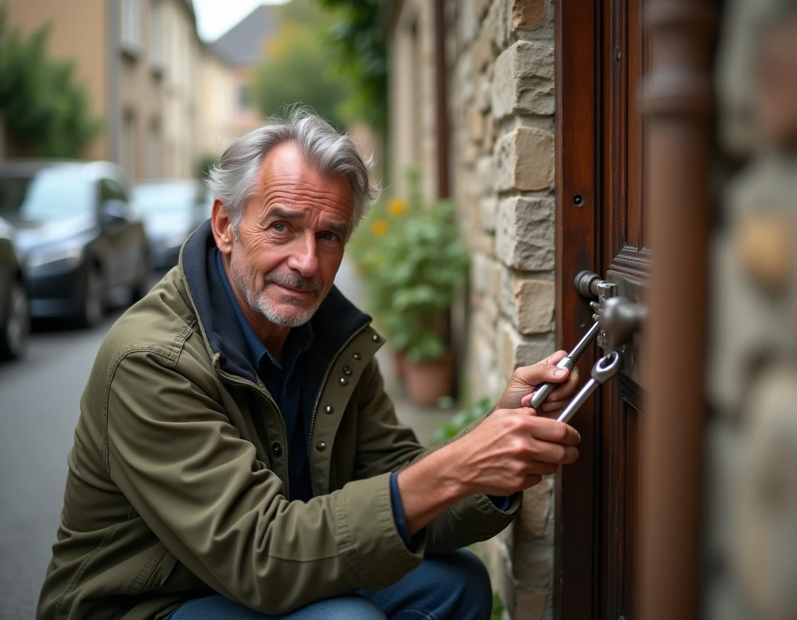 Serrurier indépendant Patrick Derrien en train d'intervenir sur une serrure de porte résidentielle dans une rue de Rennes