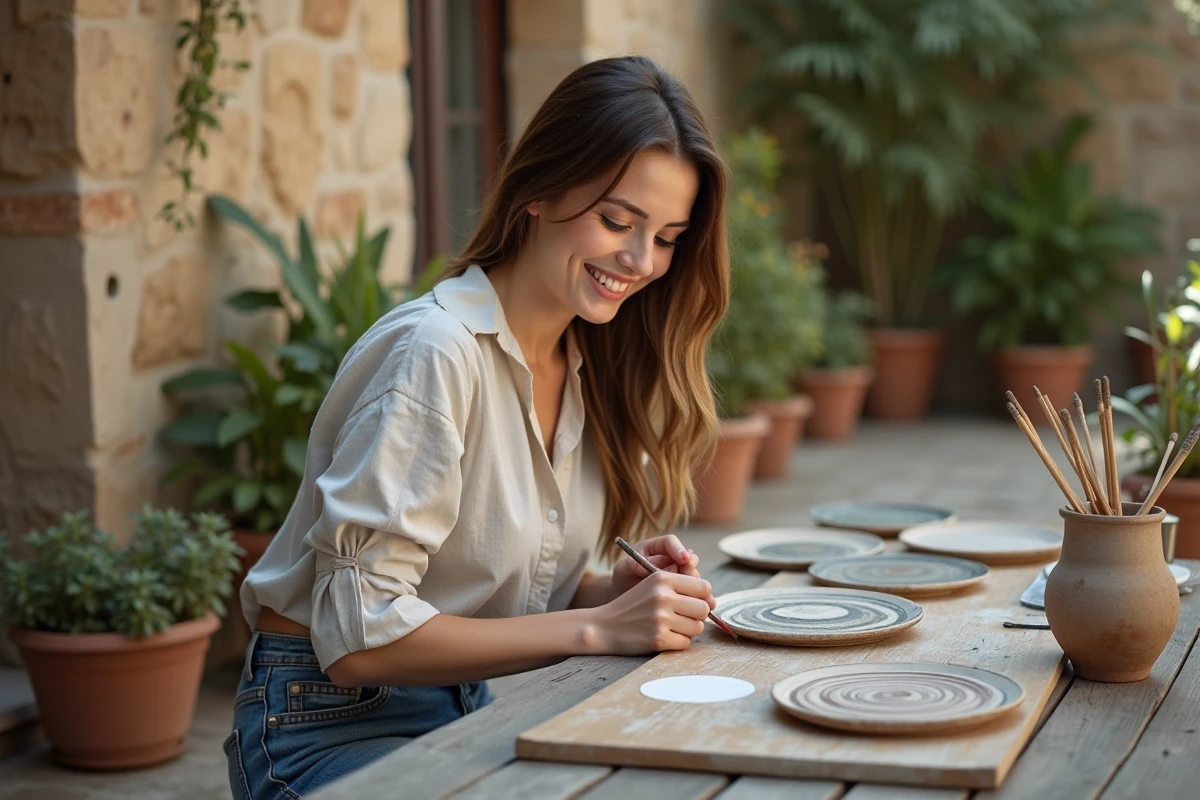 Jeune femme peignant des assiettes en céramique en extérieur