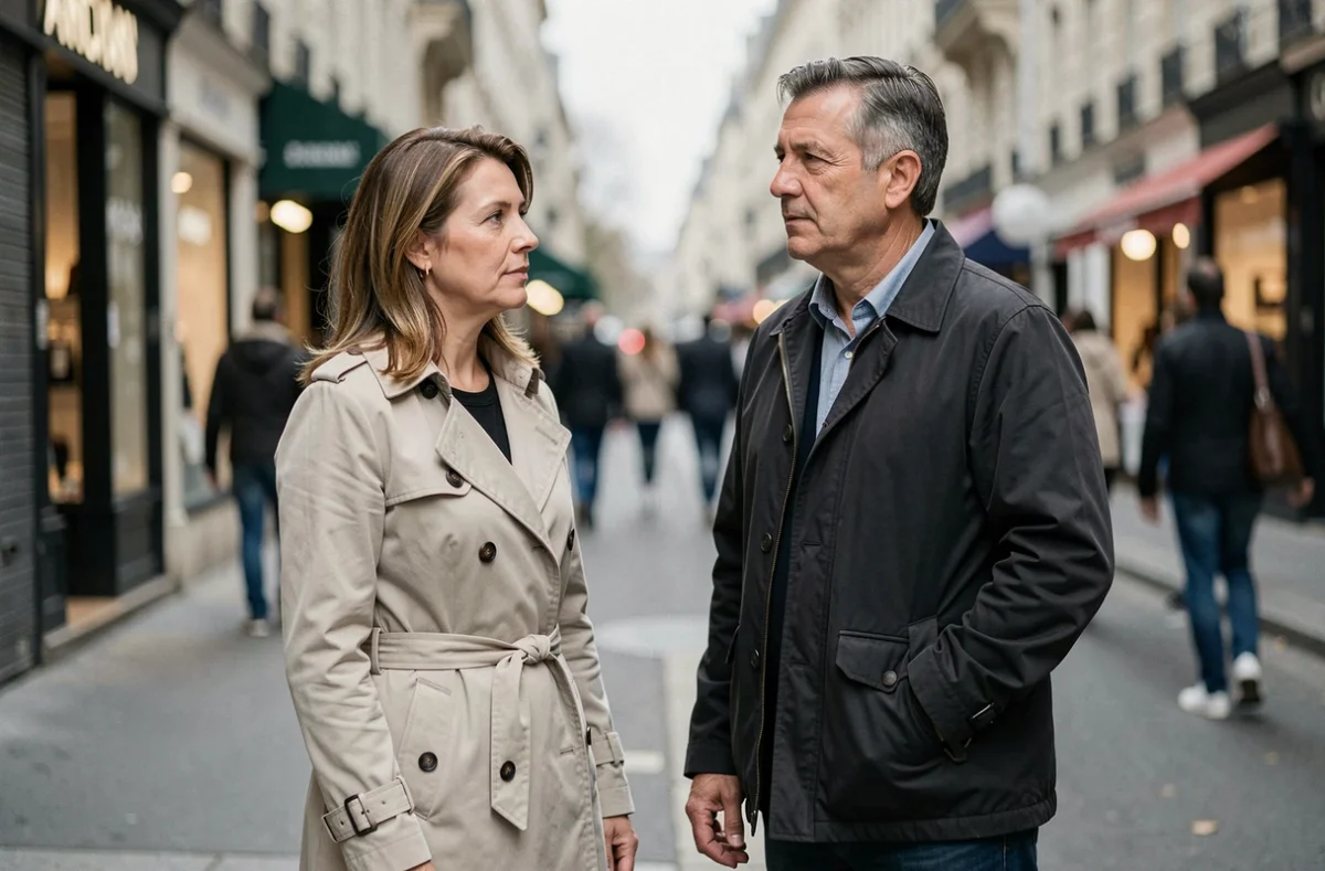 Deux personnalités médiatiques dans un contexte urbain parisien illustrant une rumeur de couple