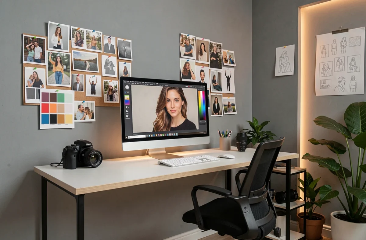 Espace de travail créatif du studio Photo Creasolen avec moniteur de retouche, planches d'inspiration et matériel photo