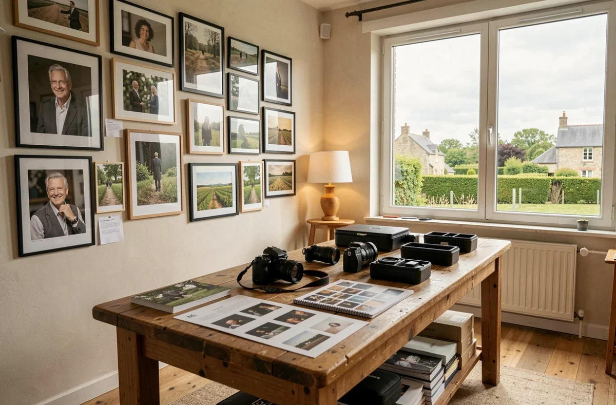 Studio photo professionnel en Mayenne avec galerie de tirages encadrés, table de travail et vue sur le bocage mayennais