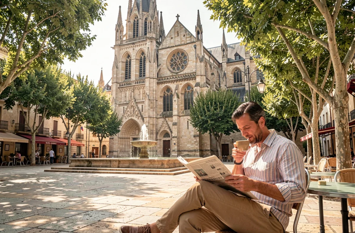 Place de l'Hôtel de Ville de Narbonne avec terrasse de café et cathédrale gothique Saint-Just en arrière-plan