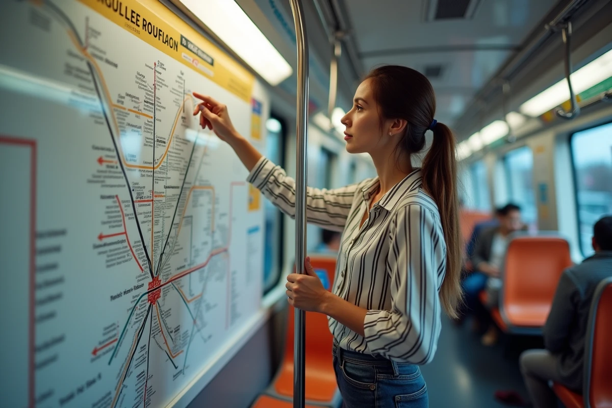 Femme consultant le plan du réseau de métro de Lyon dans une rame TCL en mouvement