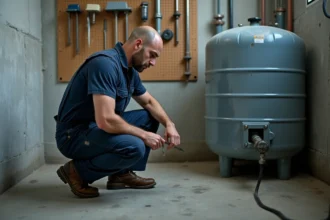 Plombier mesurant le volume d'une cuve d'eau en sous-sol pour convertir des mètres cubes en litres