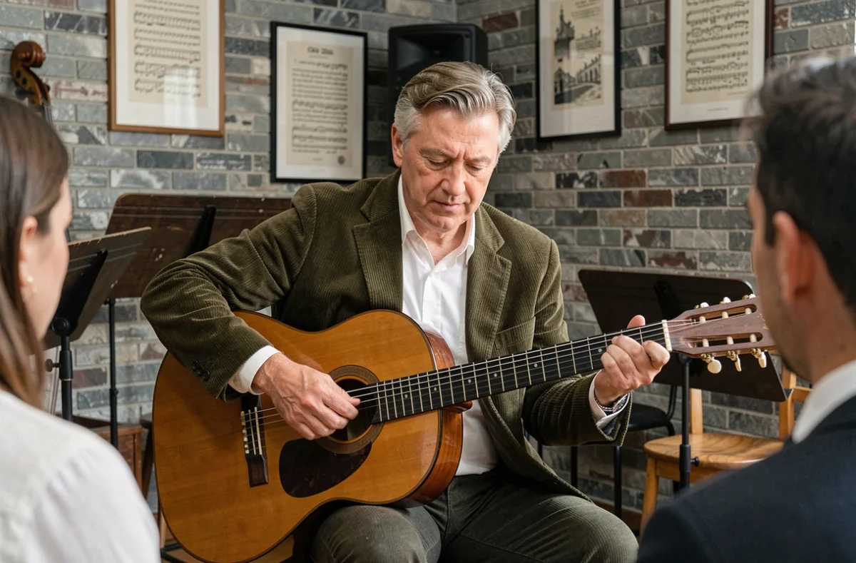 Professeur de guitare enseignant avec une guitare classique Atlantic dans un conservatoire de musique français