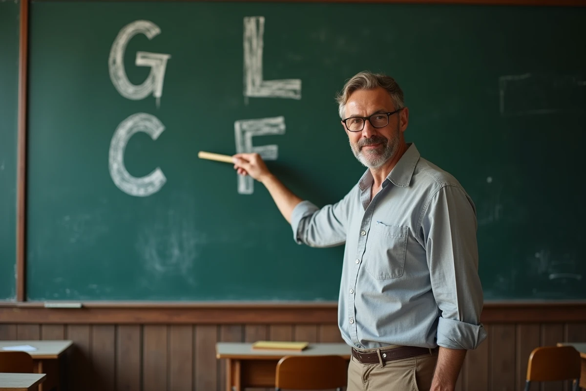 Professeur devant un tableau noir avec des lettres capitales écrites à la craie, expliquant les règles orthographiques en classe
