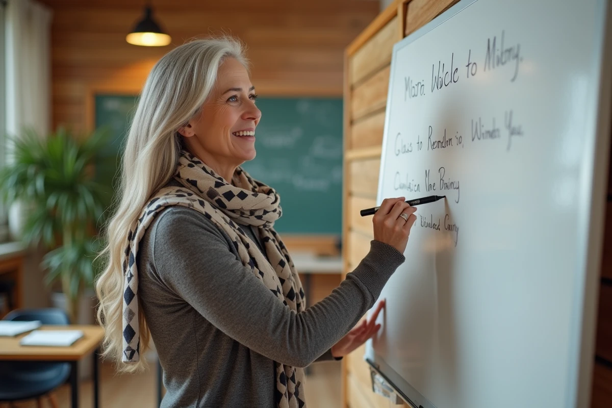 Professeure souriante écrivant au tableau dans la classe