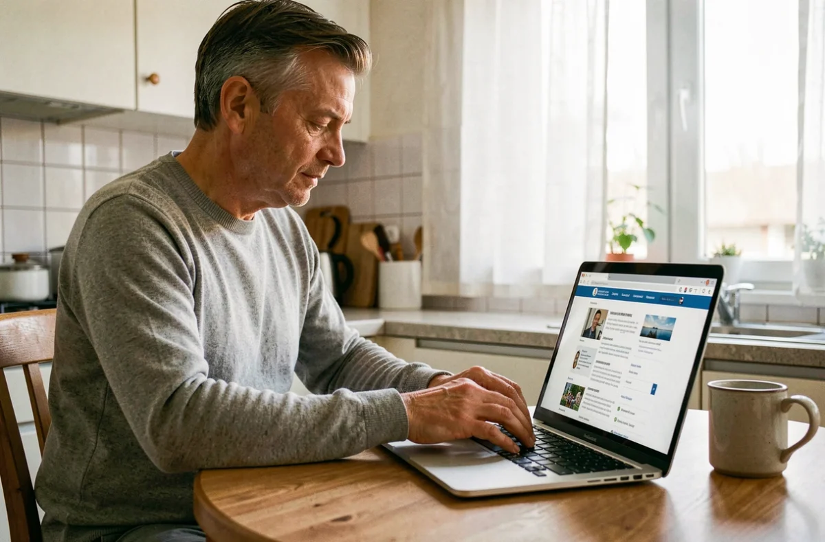 Homme recherchant des informations officielles sur l'ASPOLT sur un site gouvernemental depuis son domicile