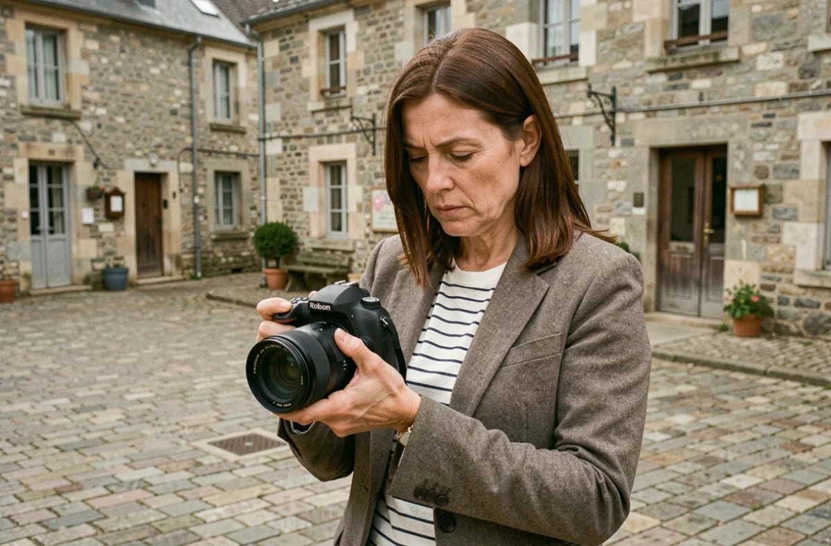 Robin Carole photographe en extérieur dans un village mayennais, consultant son appareil photo dans une place pavée