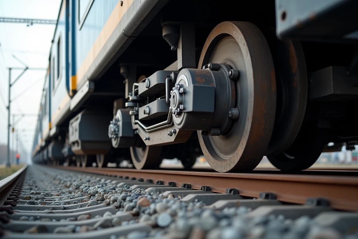 Détail d une roue de train et bogie en environnement extérieur