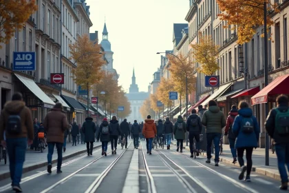 Rue animée de Rennes avec piétons et cyclistes illustrant la densité urbaine de la ville en 2026