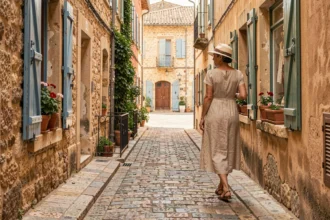 Ruelle pavée du centre historique de Narbonne avec facades en pierre ocre et femme en robe de lin se promenant