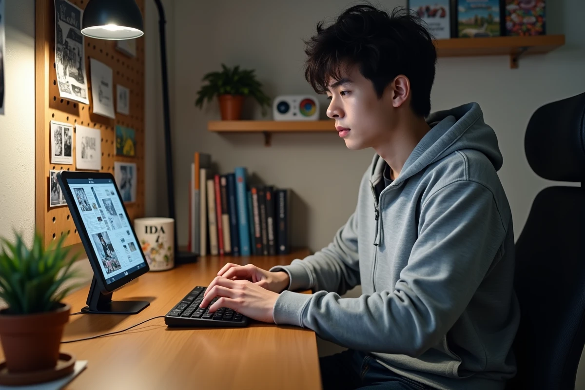 Homme lisant des scans Blue Lock VF sur tablette installée sur un bureau à domicile