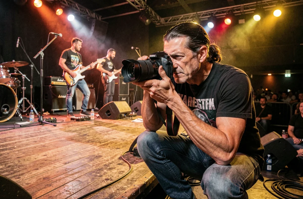 Sébastien Music Photo en action au bord d'une scène de concert en Mayenne, téléobjectif pointé vers les musiciens