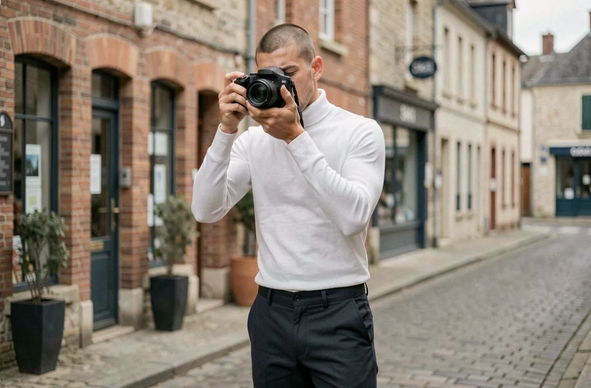 Photographe Skki en action dans une rue commerçante d'une ville de la Mayenne, appareil photo levé pour un portrait de rue