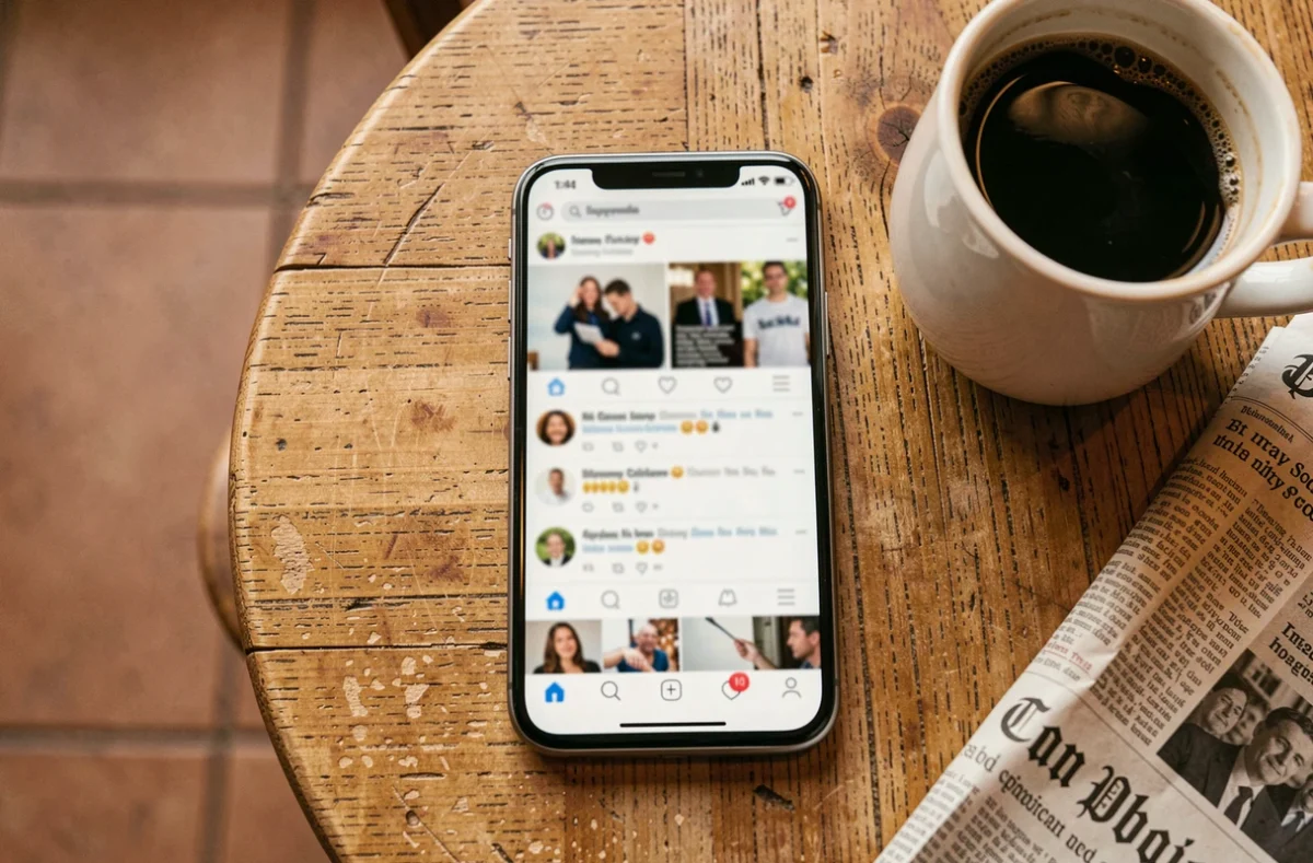Smartphone affichant des réseaux sociaux sur une table de café illustrant la propagation d'une fausse information